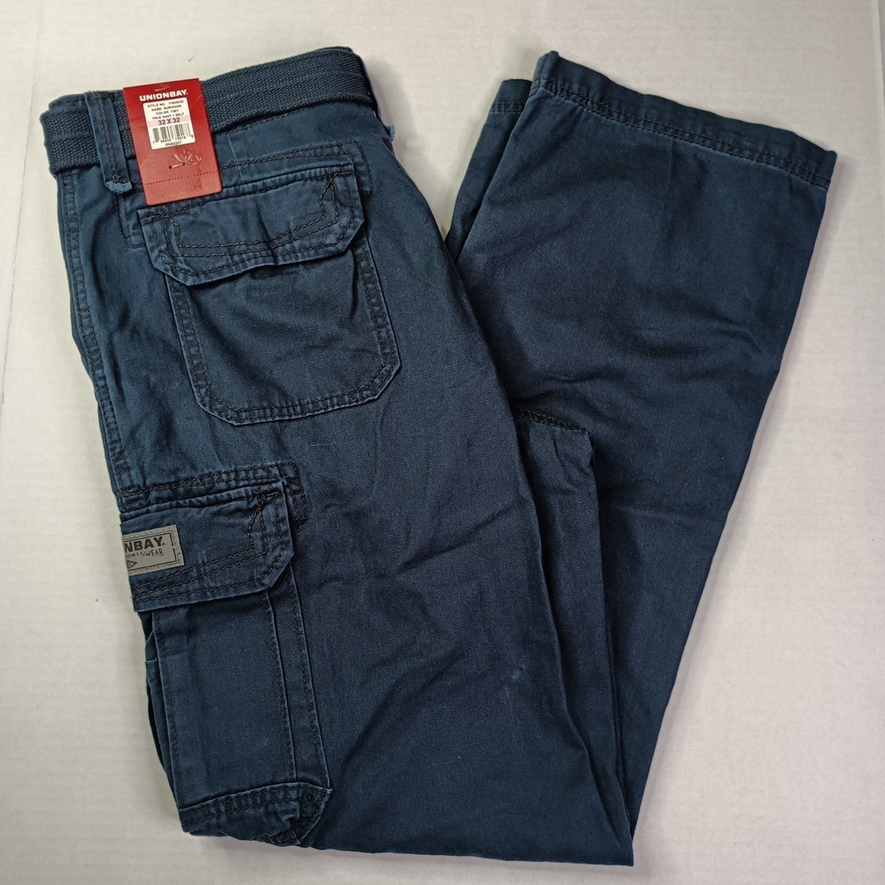 Unionbay Survivor Cargo Pants Men's 32x32 True Navy Belt Cotton Straight‎ Leg
